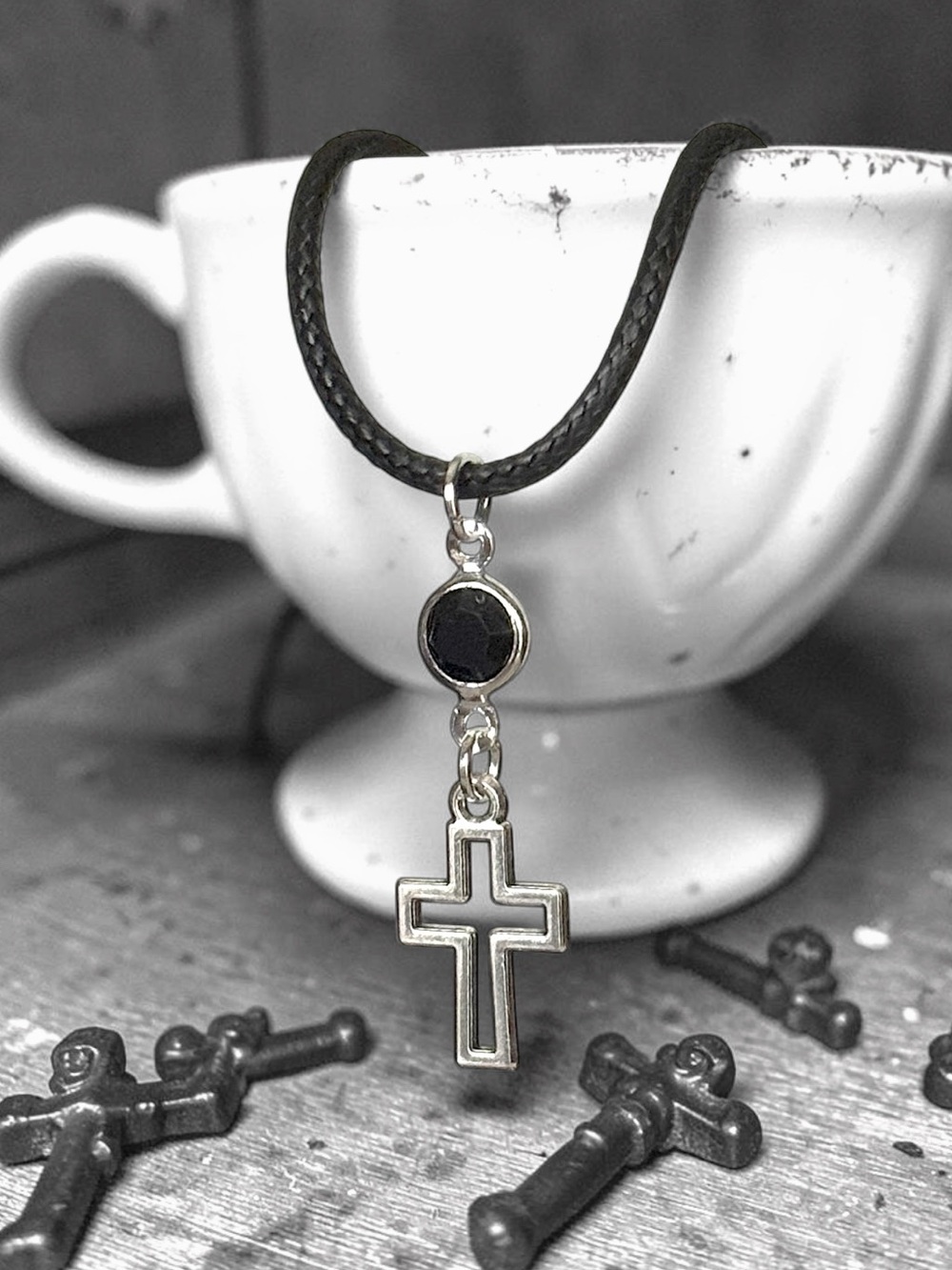 5 For $25💫Silver Cross Pendant Necklace with Black Acrylic Gem Accent